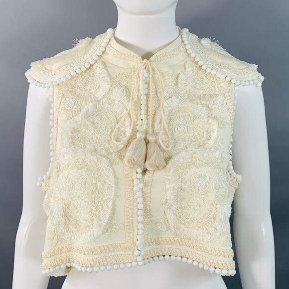 FIGUE Size S Cream Cotton Embellished Beaded Fringe Cap Sleeve Vest - Picture 1 of 10